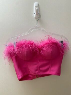 superdown Hot Pink Feather-Trim Bustier Top